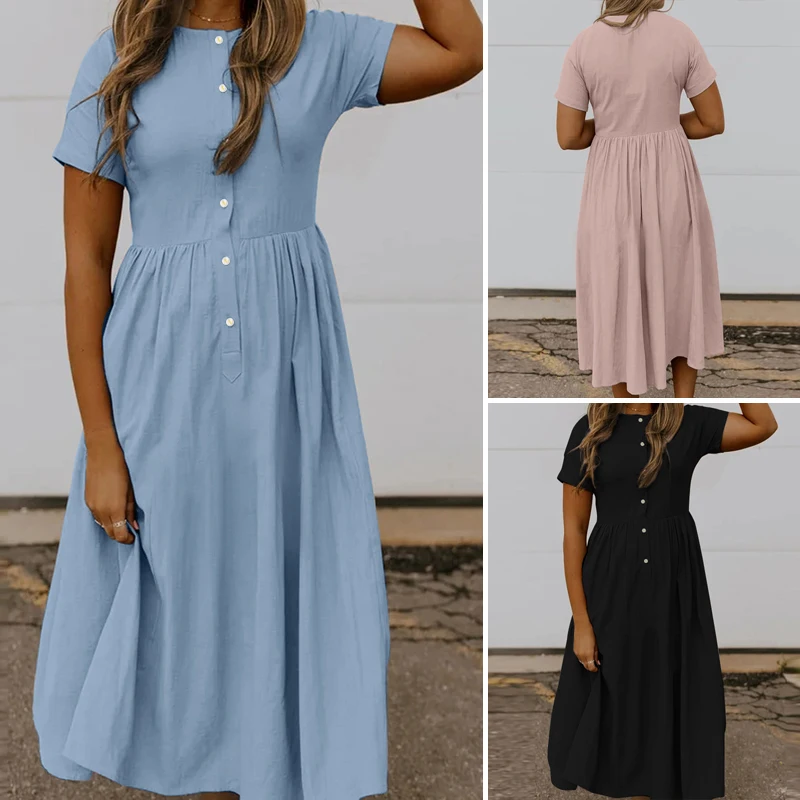 

Women Elegant Ruffles Dress Summer Sundress Casual Short Sleeve Solid Party Vestido Vintage Kaftan Dresses Femme Robe