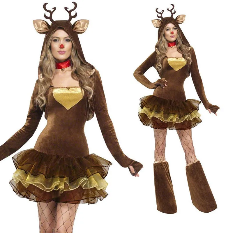 

Reindeer Cosplay Costumes Christmas Female Japanese Style Lovely Brown Festival Celebration Performance Conjoined Skirt Suit