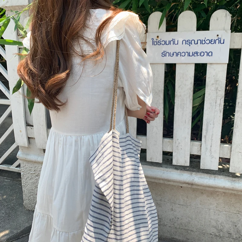 

Dresses For Women 2021 Korean Casual Style Party Female Midi Dresses Summer Stylish Ruffles Peter Pan Collar Loose New Dress