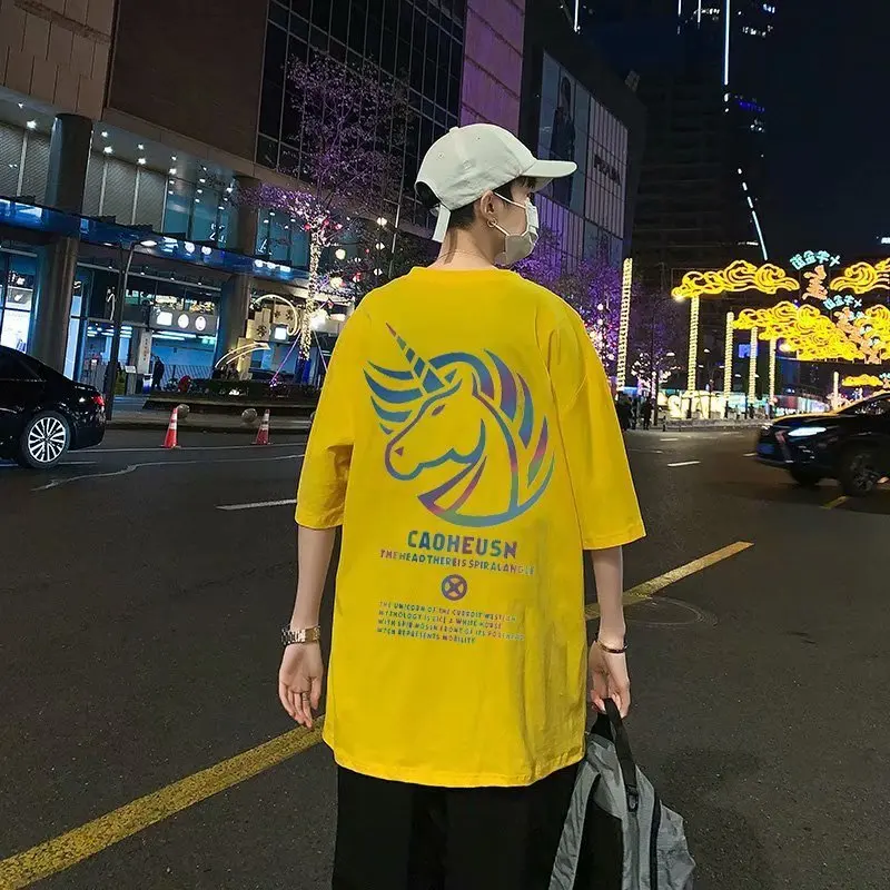 

ZAZOMDE Unicorn T-shirt Men's Summer New Colorful Reflective Men's Tide Brand Short-sleeved T-shirt Neutral Wind hip hop T-shirt