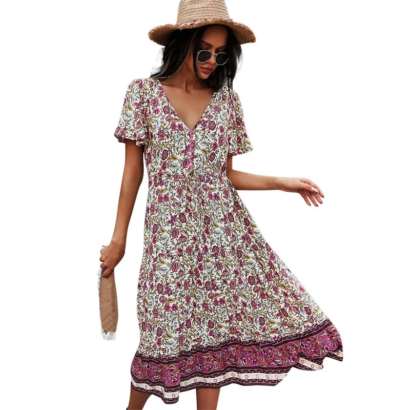 

SAGECE Elegant Women Dress Spring Summer Casual V-collar Printed Female Dresses Long-style Short-sleeved Vintage Vestidos 2021