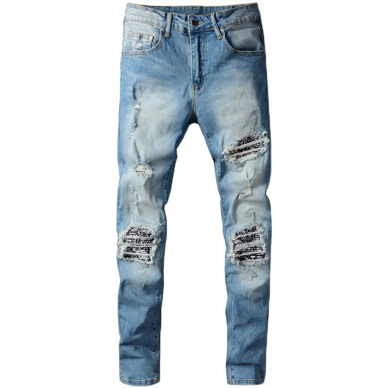 

New men's male trousers High street fashion brand blue patch ripped jeans mens trend personality stretch slim denim pants 665