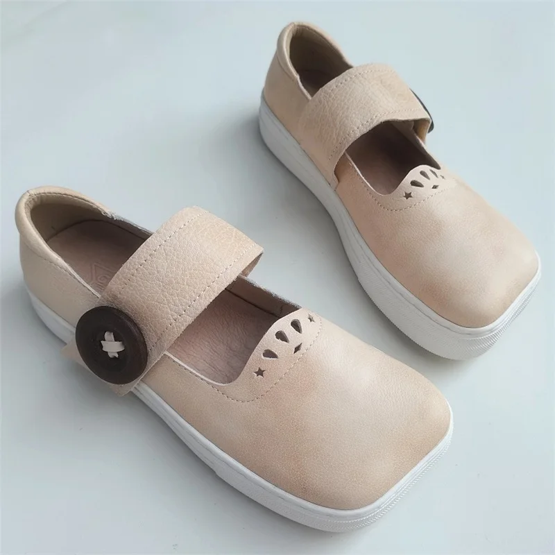 Careaymade-Genuine Leather art square head hand sewn women's shoes casual soft thick soled original leather single shoes,3 color