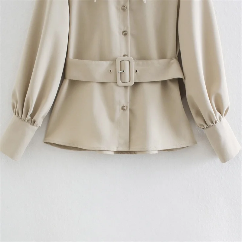 

TRAF Women 2020 Fashion Casual Lantern Sleeve Slim Lapel Cardigan Blouses Vintage Long Sleeve Female Shirts Streetwear