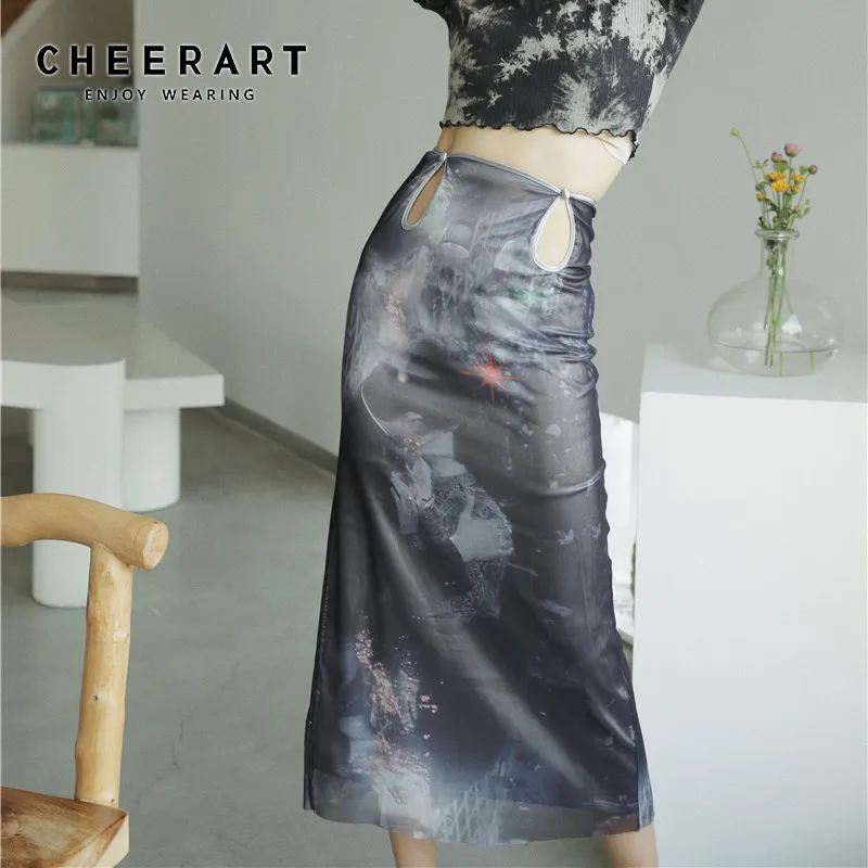 Винтажная ажурная юбка CHEERART с высокой талией Женская длинная сетчатая средней