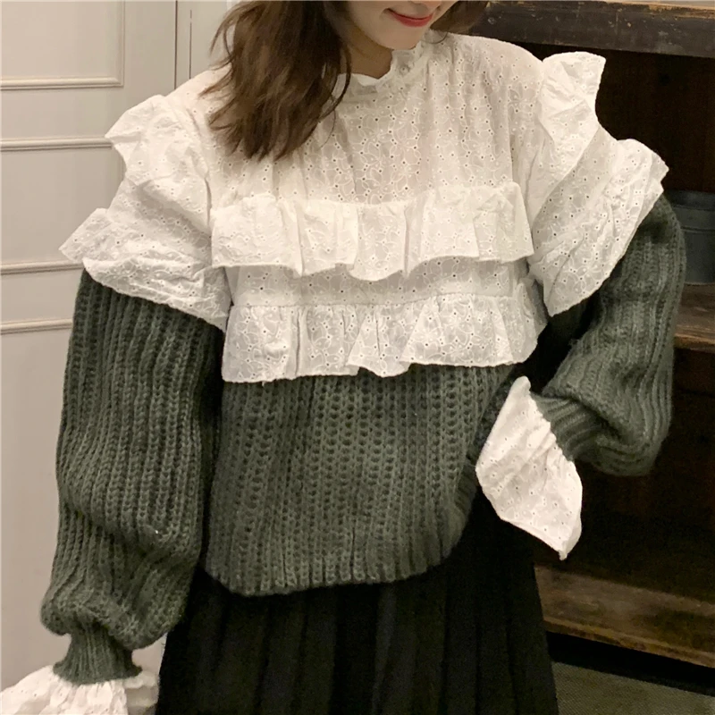 

Alien Kitty Loose Tops Ruffles Patchwork 2021 Women Knitwear Pullover Knitted Retro Loose Warm Elegant Chic Casual Sweater