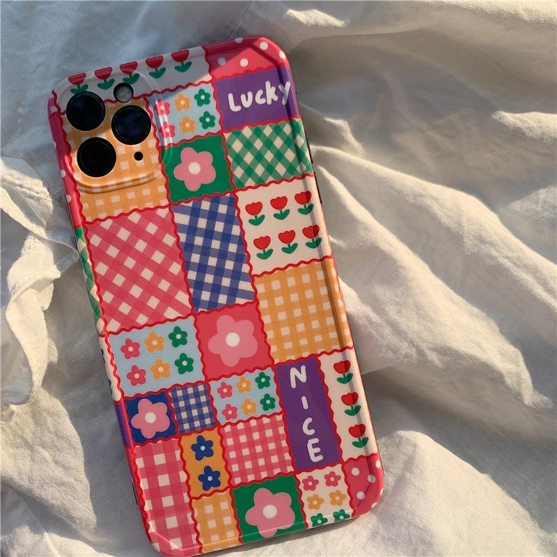 

Korean style flower Phone Case for iphone 12 pro max apple 11 phone x xs 8 plus lattice flower soft shell Cover girl