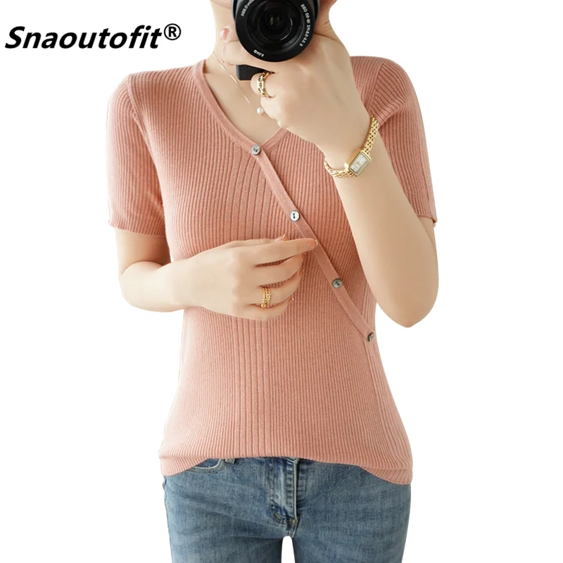 

Women's Basic Short-Sleeved Sweater,T-Shirt,V-Neck,Multicolor, Worsted Wool,Simple,Breathable,Slim,Korean Version,Summer 2021