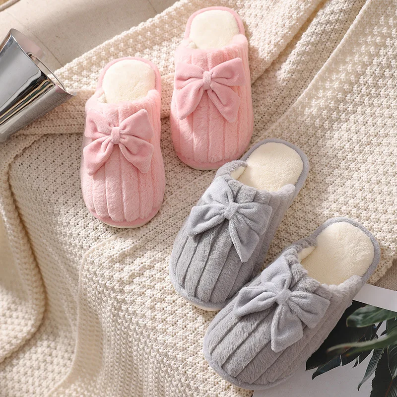 Женские меховые тапочки с бантом мягкие домашние хлопковые тапки пенным