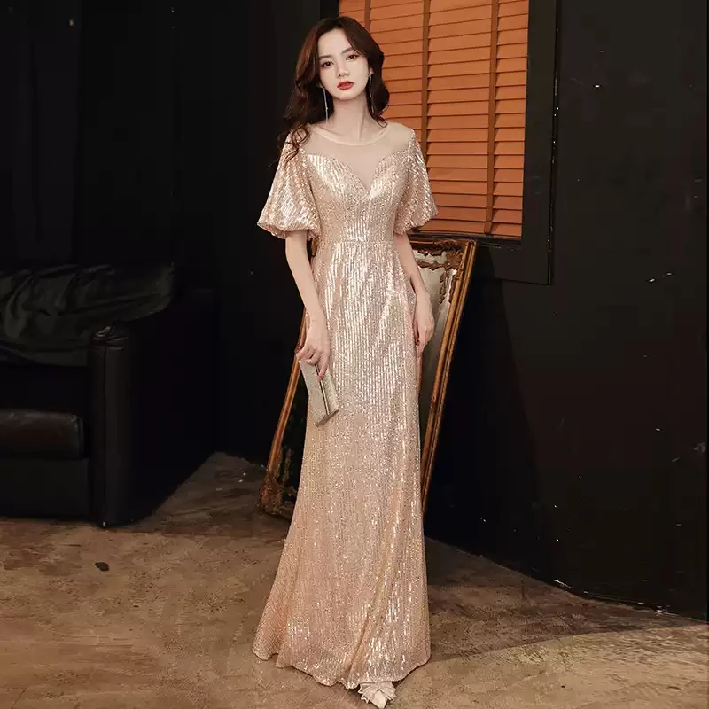 

Sequins Luxurious Evening Dress New Simple Zipper Back Short Sleeves Floor-Length Mermaid Plus size Women Formal Party Gown C728