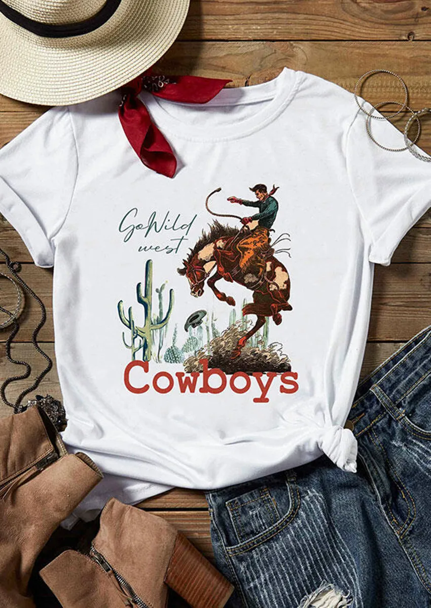 

White Top Women T-Shirt 2020 Summer Tee Shirt Casual Go Wild West Cowboys Printed T-Shirt Tees Female camisetas verano mujer