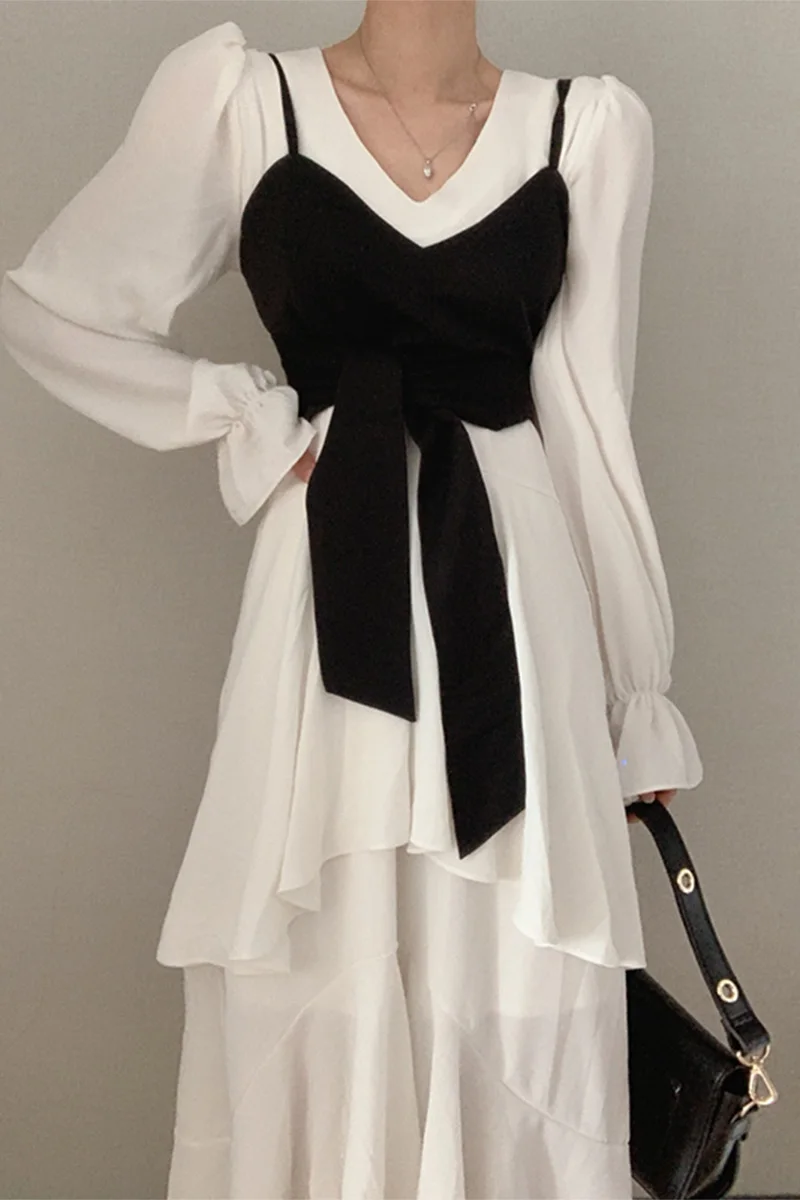 

ZCSMLL Korean chic temperament slim waist wrapped chest camisole + V-neck irregular flared sleeve women dress female