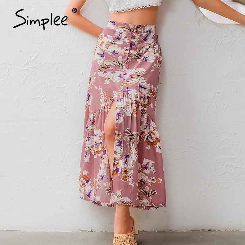 Женская юбка с высокой талией и цветочным принтом Длинные пуговицы для юбки