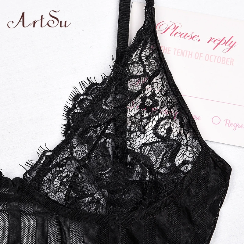 

ArtSu Striped Mesh Transparent Lace Bodysuit Straps Sexy Sleeveless Bustiers Teddy Bodysuits Catsuit Lingeries New ASJU60628