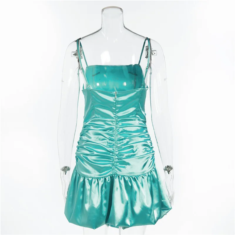 

Summer New Satin Mini Dress Women Sexy Nightclub Wear Sleeveless Spaghetti Strap Shirring Ruffles Party Dresses Green Vestidos