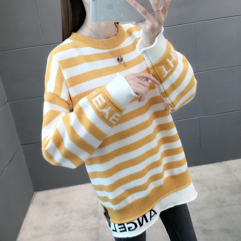 

426650 real photo letter jacquard stripe round neck knitting fake two piece insert sweater [zone n 5 left]ag