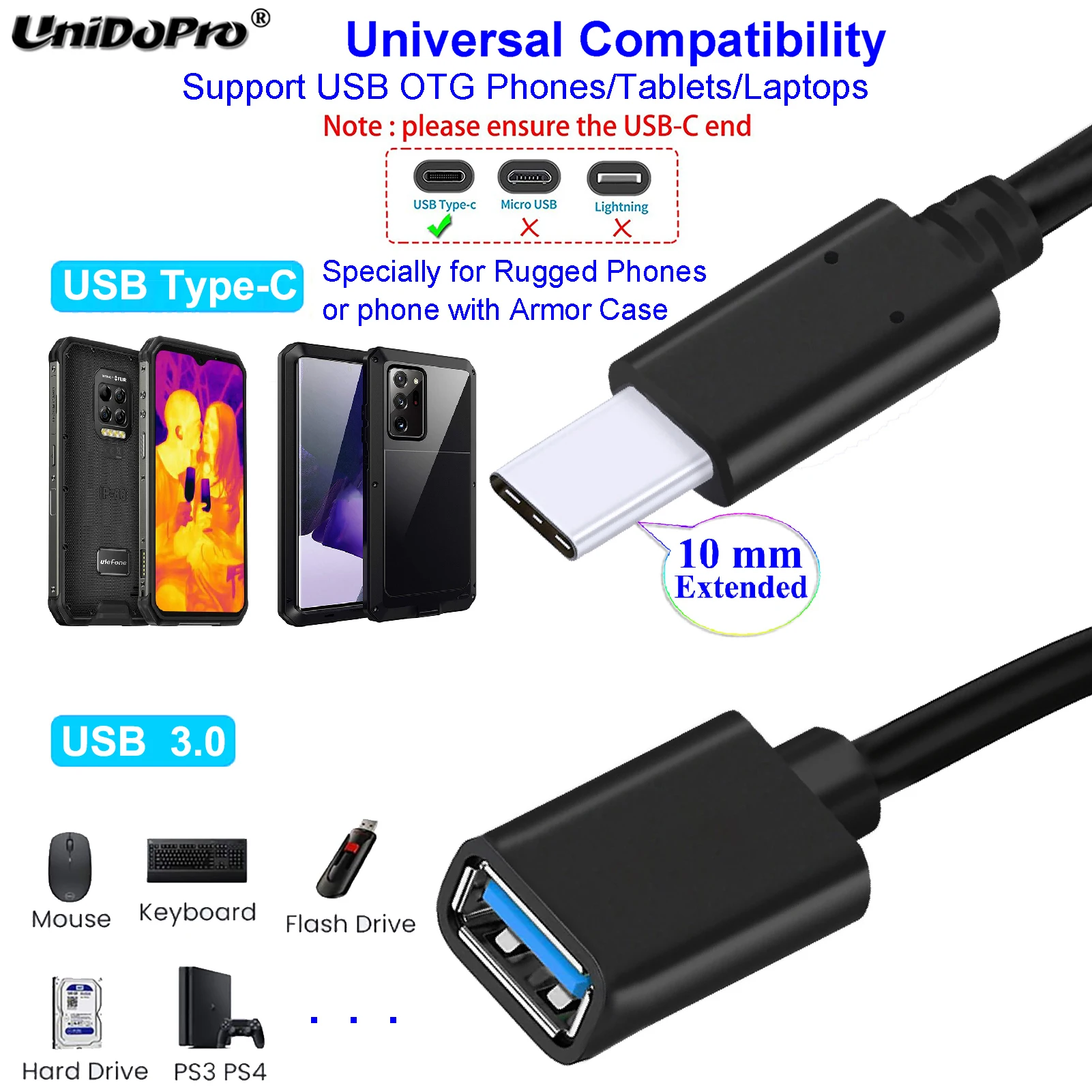 10 мм Расширенный наконечник Тип C быстрая Зарядное устройство кабель USB