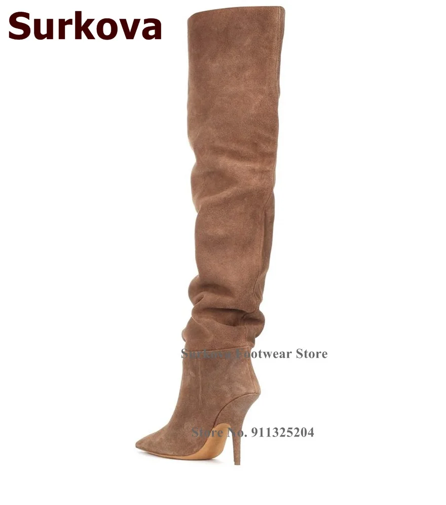 Женские замшевые плиссированные ботфорты Surkova кофейные Сапоги выше колена на