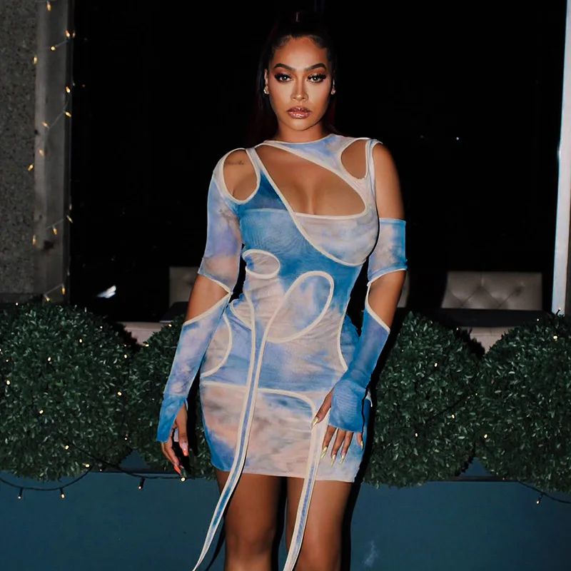 

Hollow Out Summer Dresses For Women 2021 Bodycon Dress Tie Dye Print Asymmetrical Neck Lace Up Female Mini Dresses
