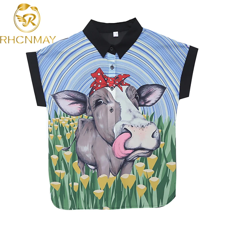 Блузка женская шифоновая с принтом рубашка коротким рукавом и отложным