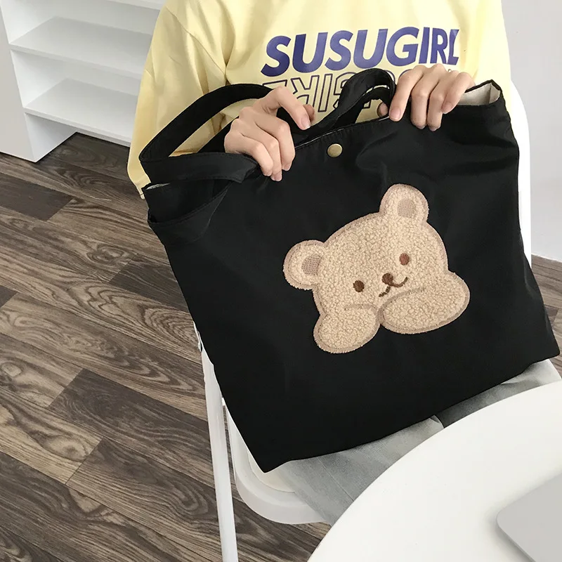 

Cute Plush Bear Women Large Shoulder Bags Female Embroidery Pattern Shopping Bag Fashion Design Girls Student Book Tote Handbags