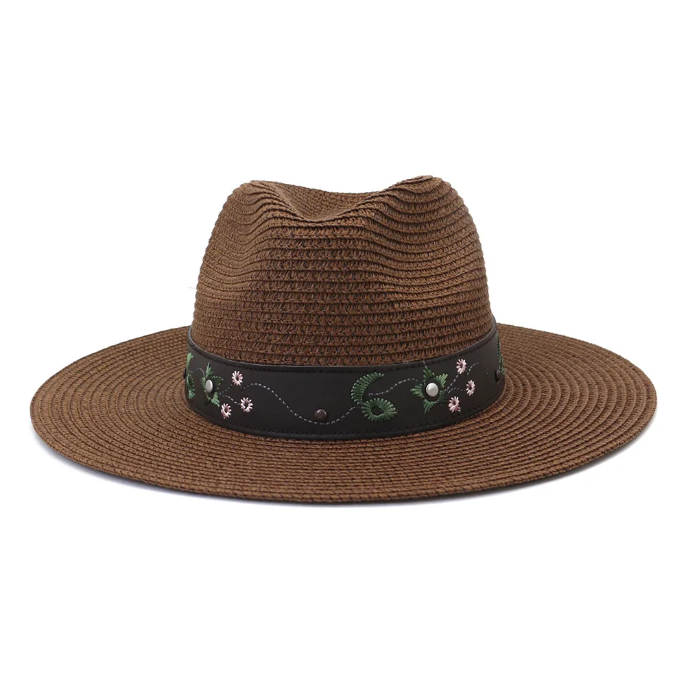 

panamas women hat solid wide brim belt band straw hats khaki black white outdoor jazz caps western cowboy sun casual beach hats