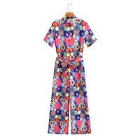 sweet lapel short sleeve colorful flowers printed women jumpsuit vintage with belt draw back chic female straight jumpsuit