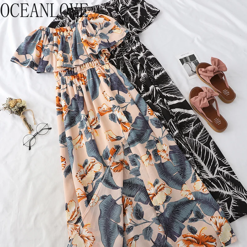 Женское богемное платье с открытыми плечами Пляжное Повседневное оборками и