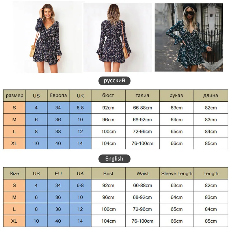 

Women Autumn Long Sleeve Sexy Mini Dresses Flower Ladies Casual V-Neck Short Summer Dresses 2020