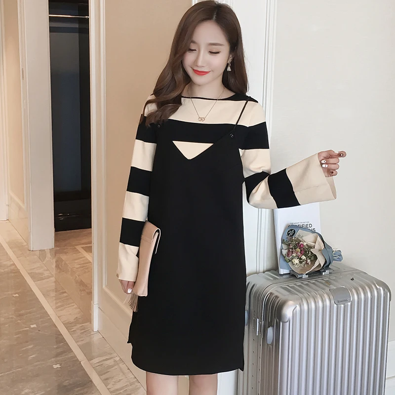 Консервативный стиль для беременных Полосатое трикотажное платье костюмы