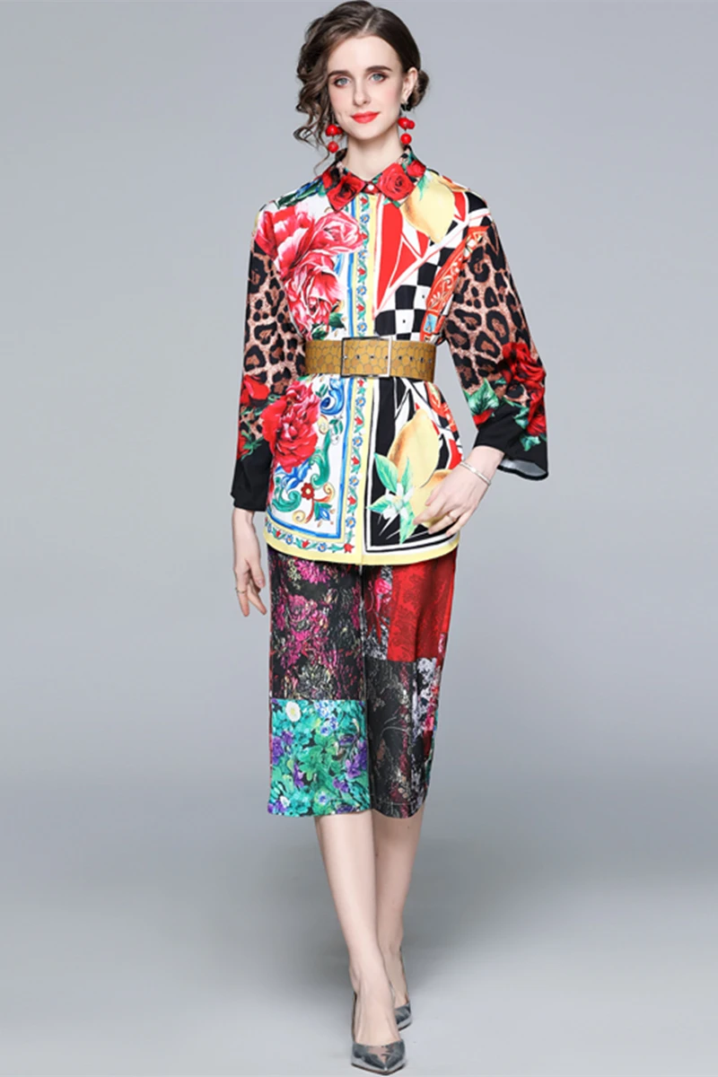 

2021 spring new women's fashion trendy two-piece suit with loose waistband and casual printing color shirt cropped trousers