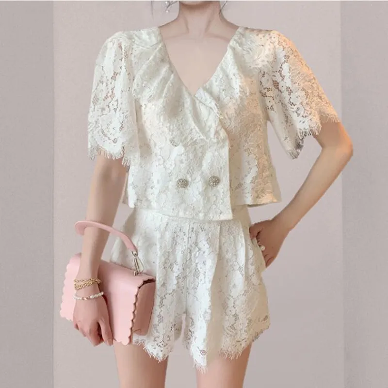 

ZAWFL 2021 Fashion Two Piece Set Women Summer Retro Lace Short Sleeved V-Neck Shirt + High Waist Lace Up Wide Leg Shorts Suit