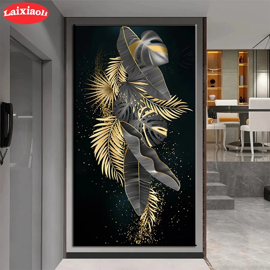 

Diamond Painting Abstract art golden leaf flower Full Drill Square DIY Diamond Embroidery Cross Stitch Mosaic round Home Decor