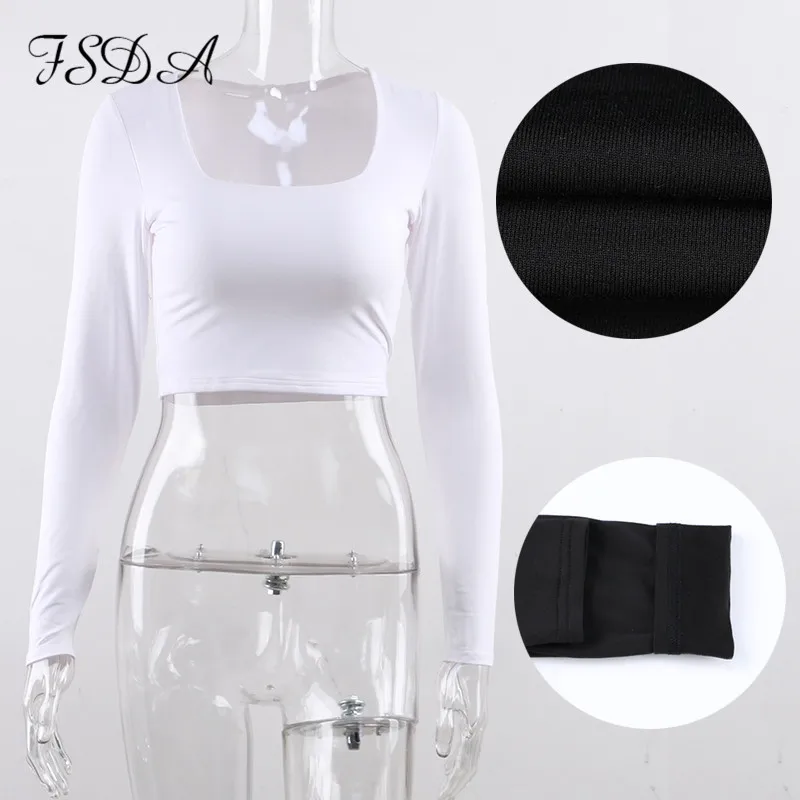 FSDA Summer Spring Crop Top Long Sleeve Women Black Sexy Shirt White Square Neck Casual Tee Mujer Ladies | Женская одежда