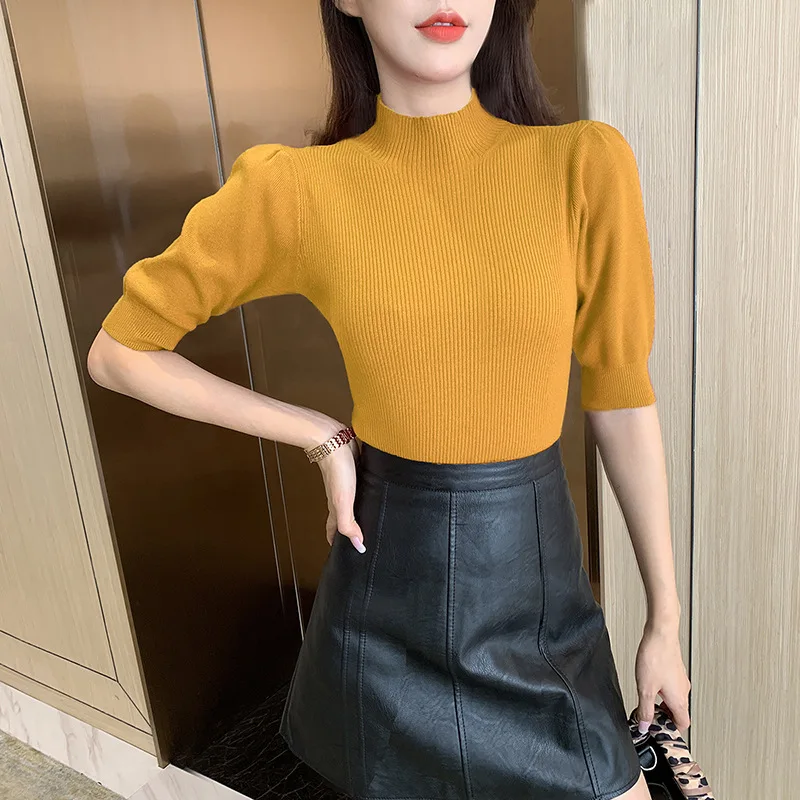 

2021 new fashion T-shirt ladies summer solid color short sleeve half high neck knitted