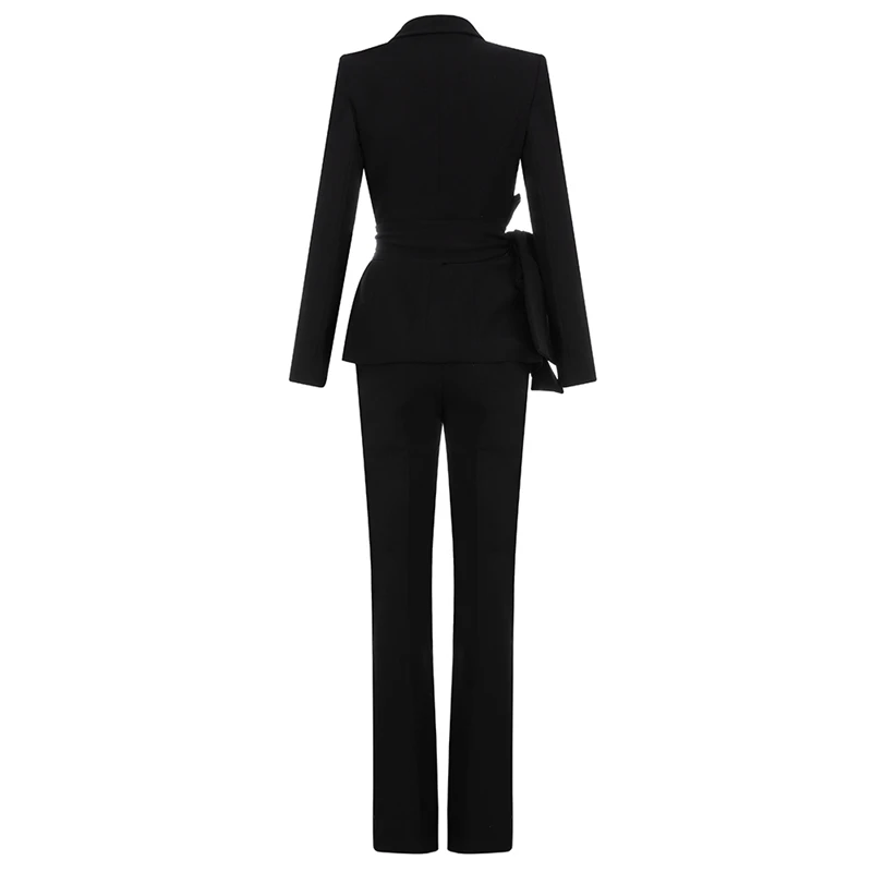 INDRESSME Full Sleeve Turn Down Collar Lace Up Bow Ruffled Hem Bodycon Women Pants Fashion 2 Piece Sets 2020 New Arrival |