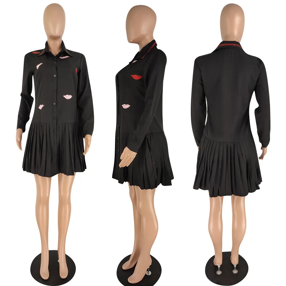 

2021 Autumn Women Hundred Pleated Dress Long Sleeves Buttons Lapel Neck Print Slim Waist Mini Casual Dresses Nightclub Party