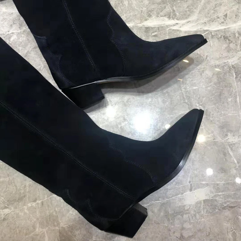 Женские ковбойские сапоги до колена из натуральной кожи с острым носком и