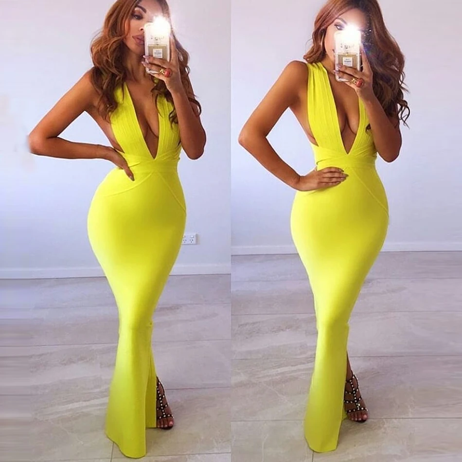 Женское элегантное бандажное платье желтое длинное облегающее без рукавов с