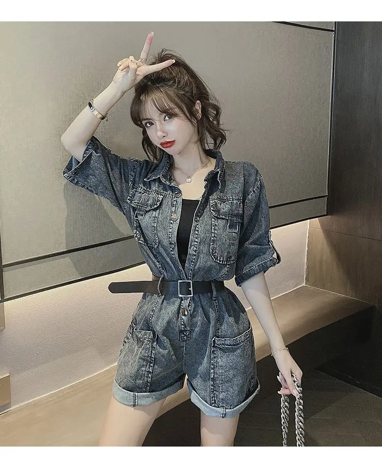 Женский джинсовый комбинезон Тонкий с завышенной талией высокие шорты широкими