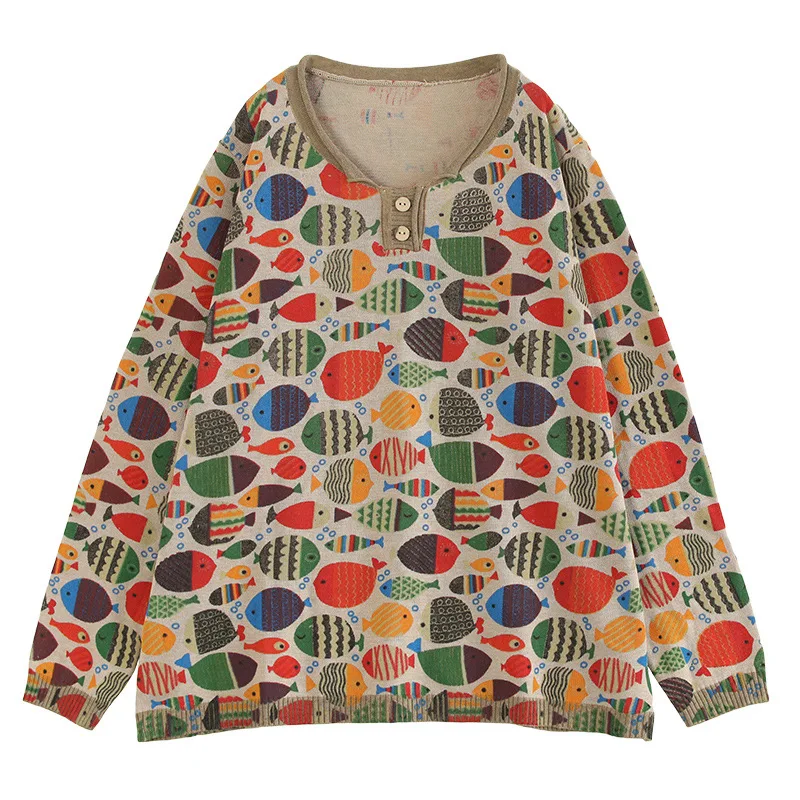 Весна-Осень 2020 свитер в стиле ретро Женский вязаный Свободный пуловер с принтом