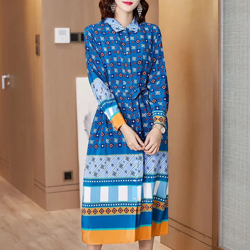 Женское платье из натурального шелка с принтом Пляжное Платье весенне-осеннее