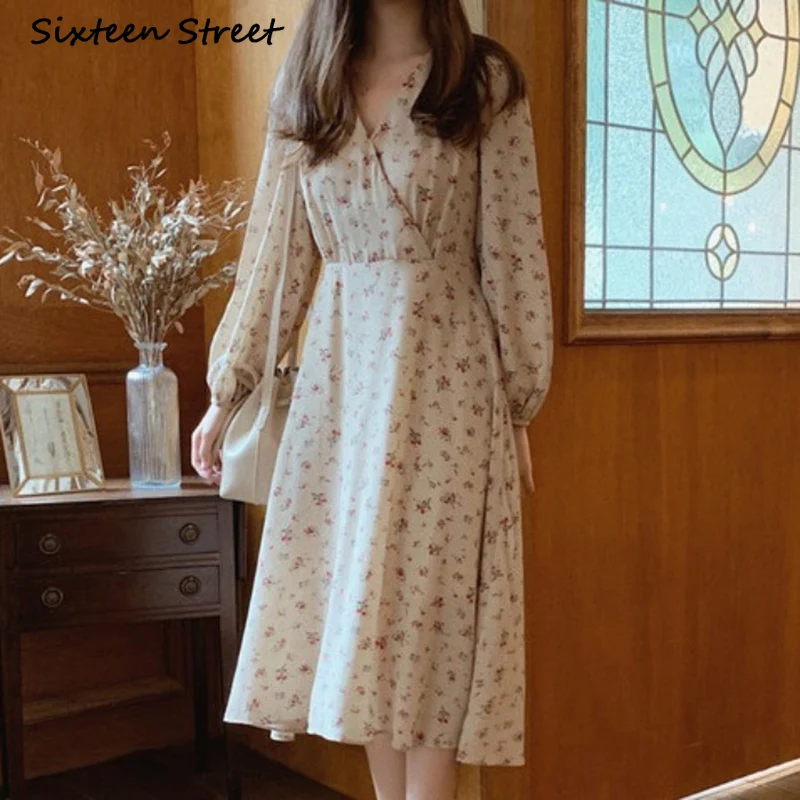

Dresses for Women Autumn Retro Floral Chiffon High Waist Long Sleeve Dress Y2k Clothing Women Vestido De Mujer Korean Fashion