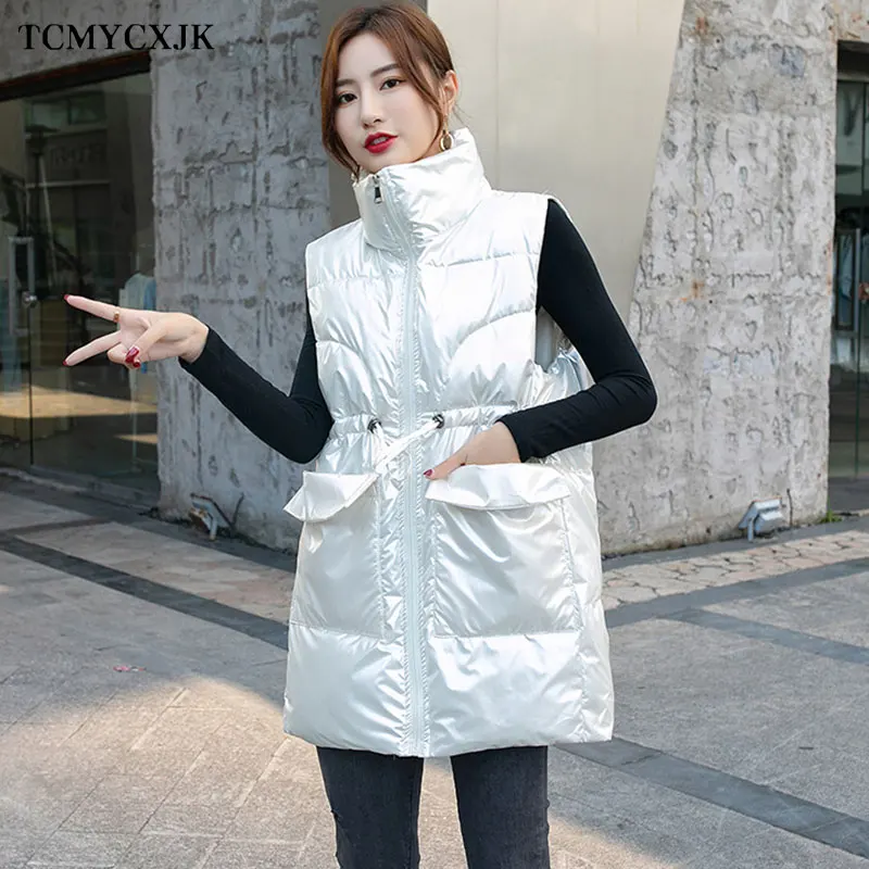 

Winter Women's Vest Down Cotton Waistcoat Sleeveless Jacket Women Shiny Waistcoat Mid-length Korean Loose Women's Jacket Tide
