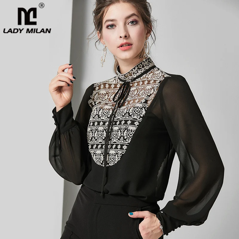 Женская блузка со стоячим воротником Элегантная модная шнуровкой и