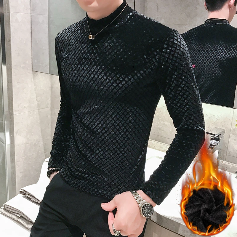Fashion men plaid sweater long sleeve pullover winter thick warm turtleneck black casual pullover male slim fit knitted sweater