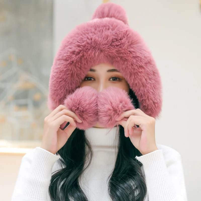 

Women's thick hat hairballs a women's winter thick knitted plush hat earmuffs collar soft warm beanie hat scarf