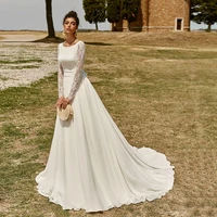 boho wedding dress 2021 new long sleeves lace bridal gown scoop neck backless a line chiffon beach bride dresses