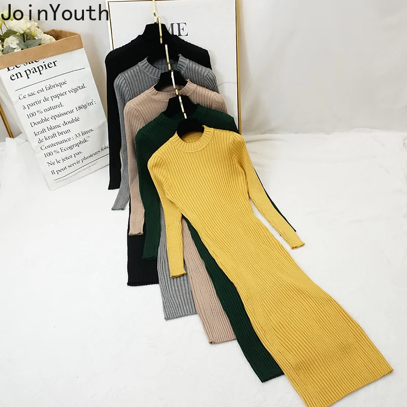JoinYouth облегающее платье для женщин трикотажное средней длины водолазка стрейч