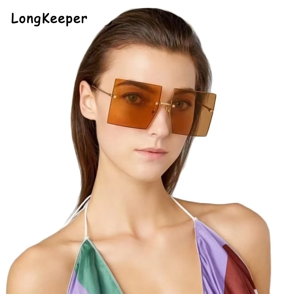 

Oversized Brown Sunglasses Square Rimless Women Sun Glasses Luxury Brand Large Shades Men Gafas de sol UV400 Fashion Eyewear
